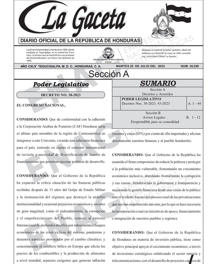 Adhesión de Honduras a la CAF ya es una realidad, con publicación en La Gaceta del decreto respectivo