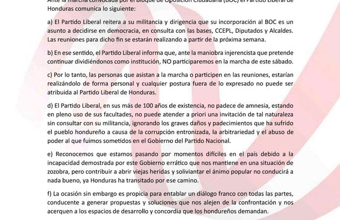 El Partido Liberal de Honduras decide no unirse a la marcha del Bloque de Oposición Ciudadana