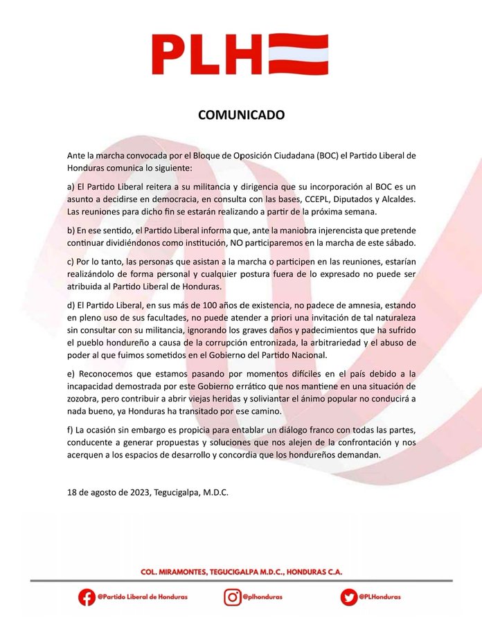 El Partido Liberal de Honduras decide no unirse a la marcha del Bloque de Oposición Ciudadana