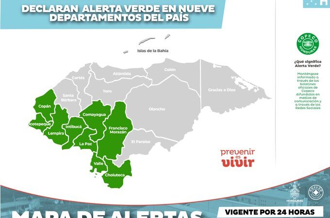 COPECO emite alerta verde por lluvias en nueve departamentos de Honduras