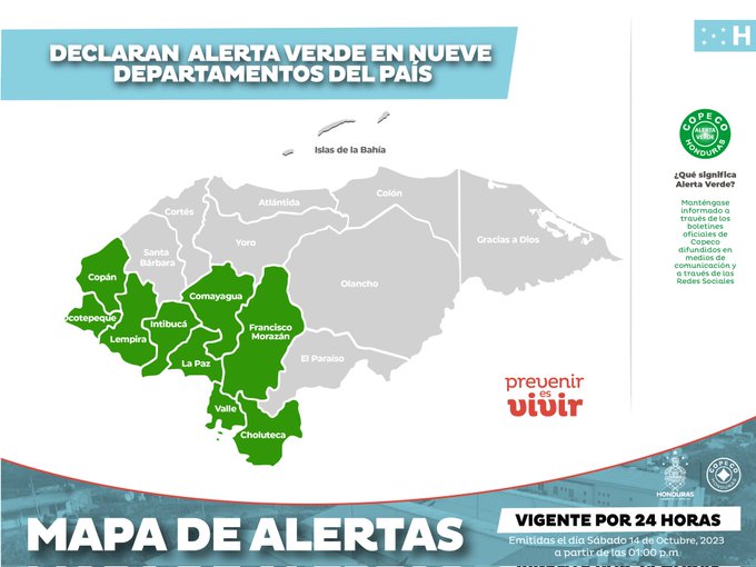 COPECO emite alerta verde por lluvias en nueve departamentos de Honduras