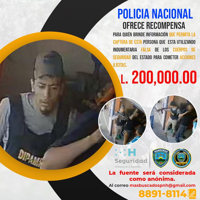 Recompensa de 200 mil lempiras ofrece  Policía Nacional de Honduras por información sobre delincuentes que usan indumentaria falsa de DIPAMPCO y DPI