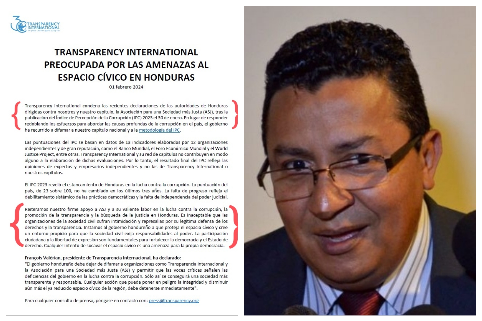 La ONG Transparencia Internacional reitera su vinculación directa con ASJ y su «apoyo a ASJ y a su valiente labor en la lucha contra la corrupción»