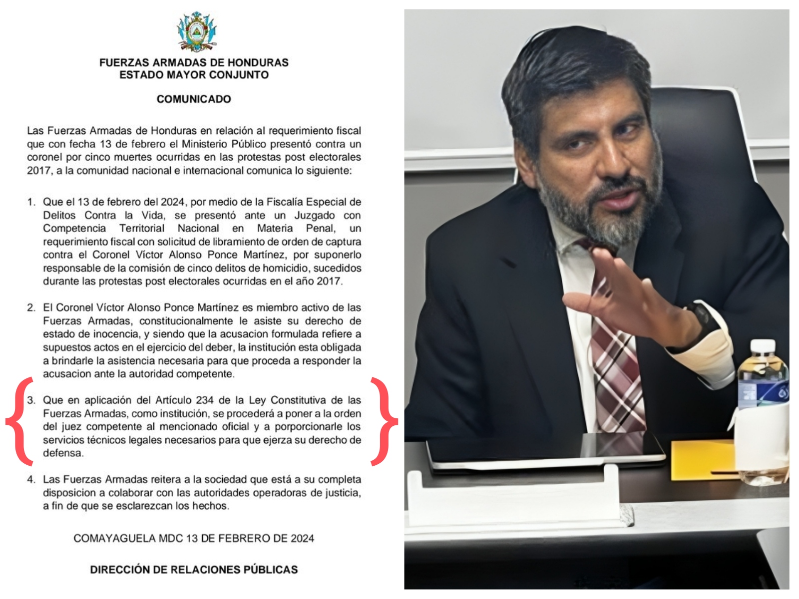 FF. AA. de Honduras van a «proporcionarle los servicios técnicos legales necesarios» para su defensa al coronel Víctor Ponce, acusado por el MP como supuesto responsable de 5 homicidios en protestas contra reelección de JOH en 2017